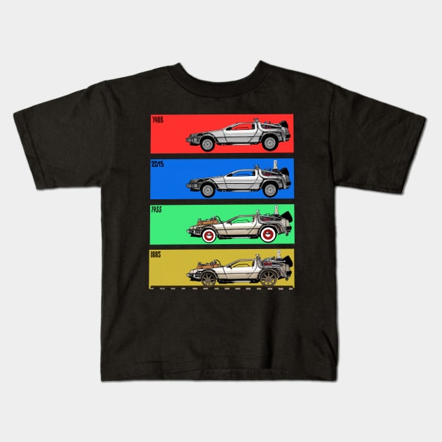 Delorean Through Time Kids T-Shirt by DistractedGeek